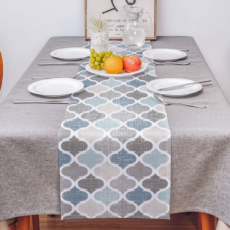 PIEPLE Moroccan Table Runner-Cotton Linen-Long 72 inche Geometric Quatrefoil Lattice Dresser Scarves,Kitchen Coffee/Dining Farmhouse Tablerunner for Home Living Room,Holiday Dinner Scarf DÃ©cor,Blue Grey - Image 4